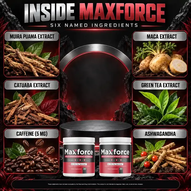 Inside Maxforce brand graphic: muira puama, maca, catuaba, green tea, caffeine and ashwagandha