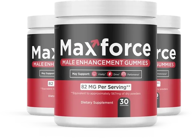 Three jars of Maxforce gummies, 30 gummies each, black and red labels